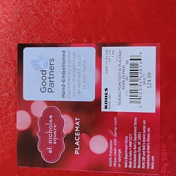 Kohl's Dining Kohls St Nicholas Square Placemat Poinsettia Beaded Poshmark